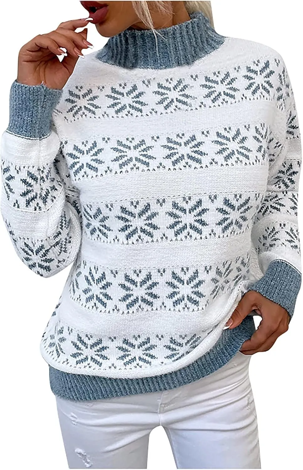 Ymosrh Women's Sweaters Fall Knitwear Christmas Snowflakes Half Turtleneck Sweater Clothes