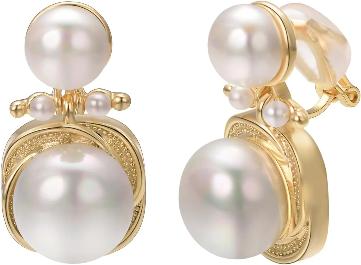 Yoursfs Pearl Clip On Earrings With Cubic Zirconia 18K Gold Plated Drop Pearl Earrings Women Non Pierced Fashion Jewelry