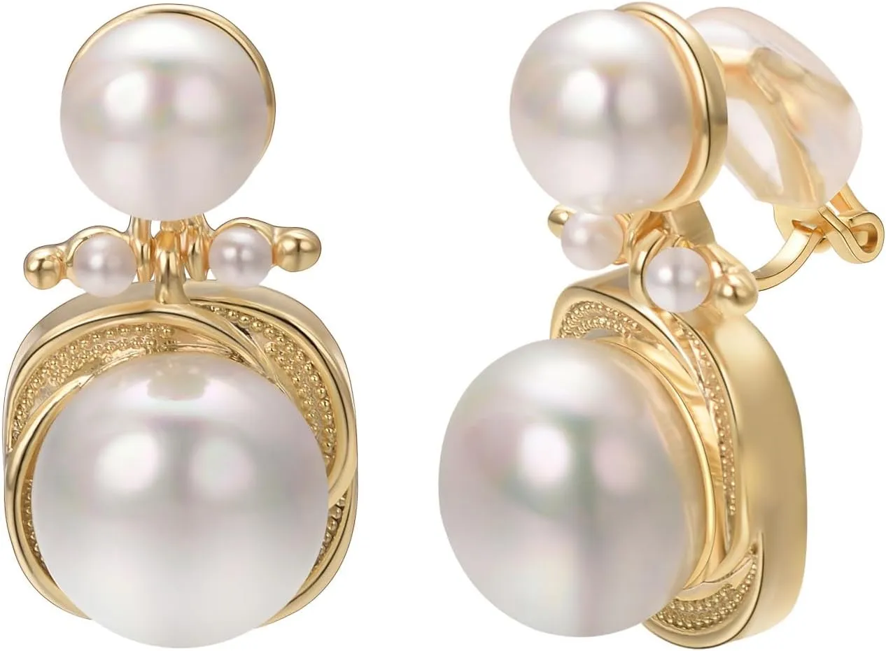 Yoursfs Pearl Clip On Earrings With Cubic Zirconia 18K Gold Plated Drop Pearl Earrings Women Non Pierced Fashion Jewelry
