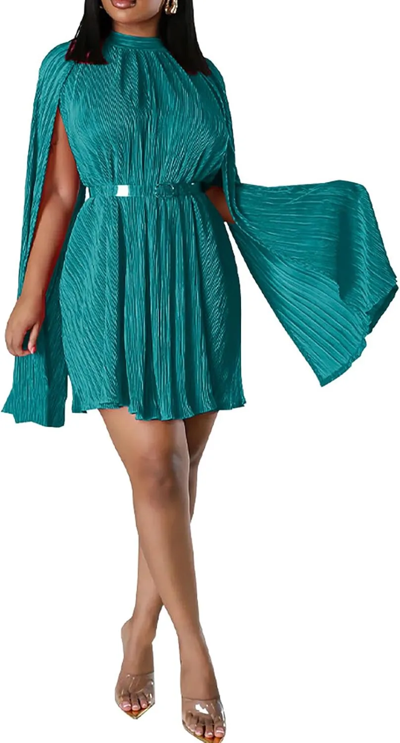 Yuopeid Women's Mock Neck Cloak Sleeve Loose Casual Mini Dresses Fashion Pleated Flowy Hem Cocktail Party Short Dress