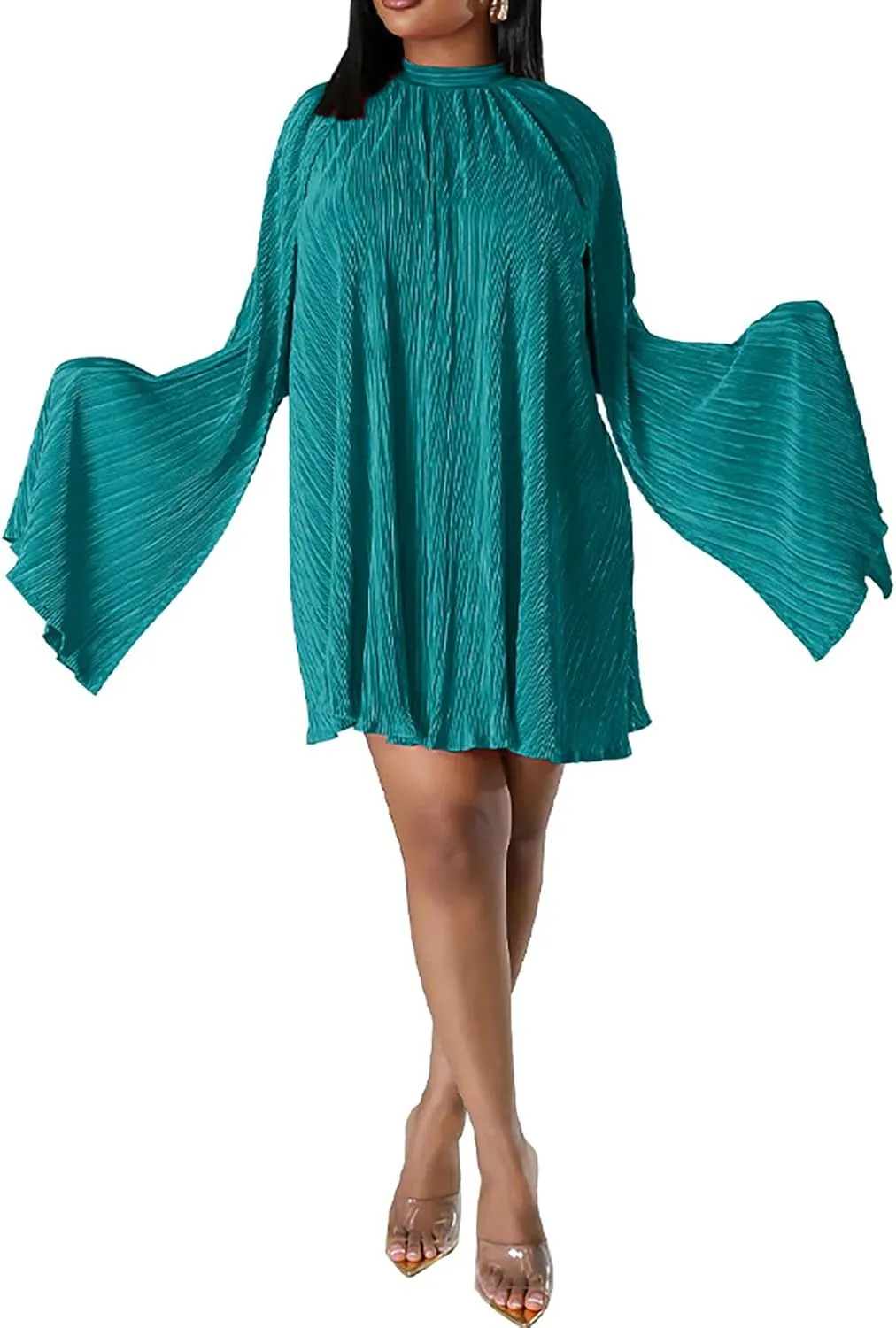 Yuopeid Women's Mock Neck Cloak Sleeve Loose Casual Mini Dresses Fashion Pleated Flowy Hem Cocktail Party Short Dress
