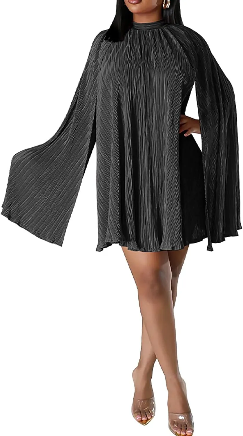 Yuopeid Women's Mock Neck Cloak Sleeve Loose Casual Mini Dresses Fashion Pleated Flowy Hem Cocktail Party Short Dress