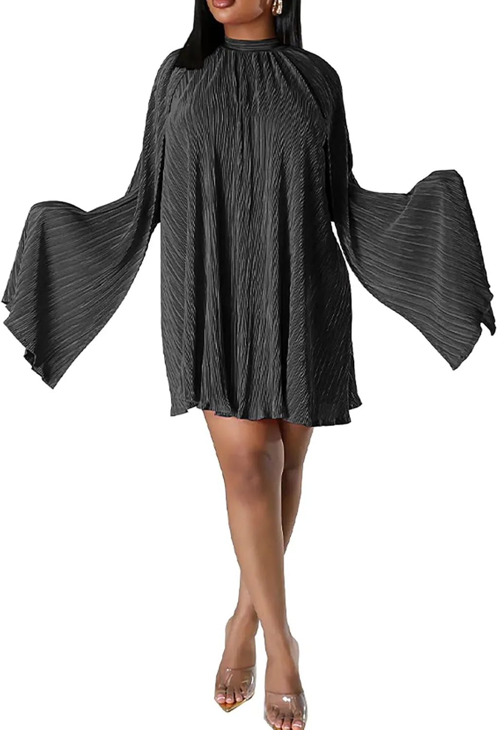 Yuopeid Women's Mock Neck Cloak Sleeve Loose Casual Mini Dresses Fashion Pleated Flowy Hem Cocktail Party Short Dress