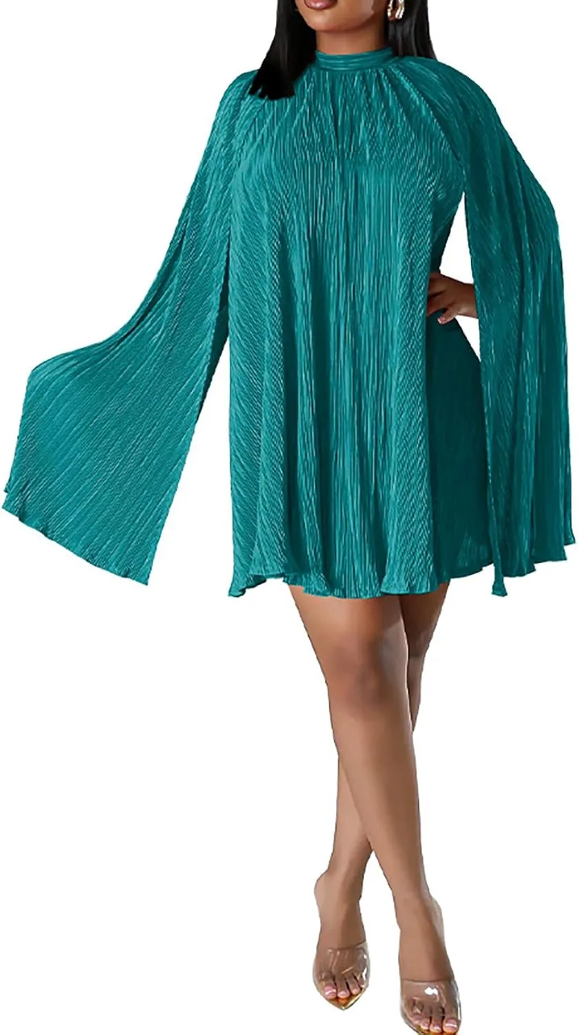 Yuopeid Women's Mock Neck Cloak Sleeve Loose Casual Mini Dresses Fashion Pleated Flowy Hem Cocktail Party Short Dress