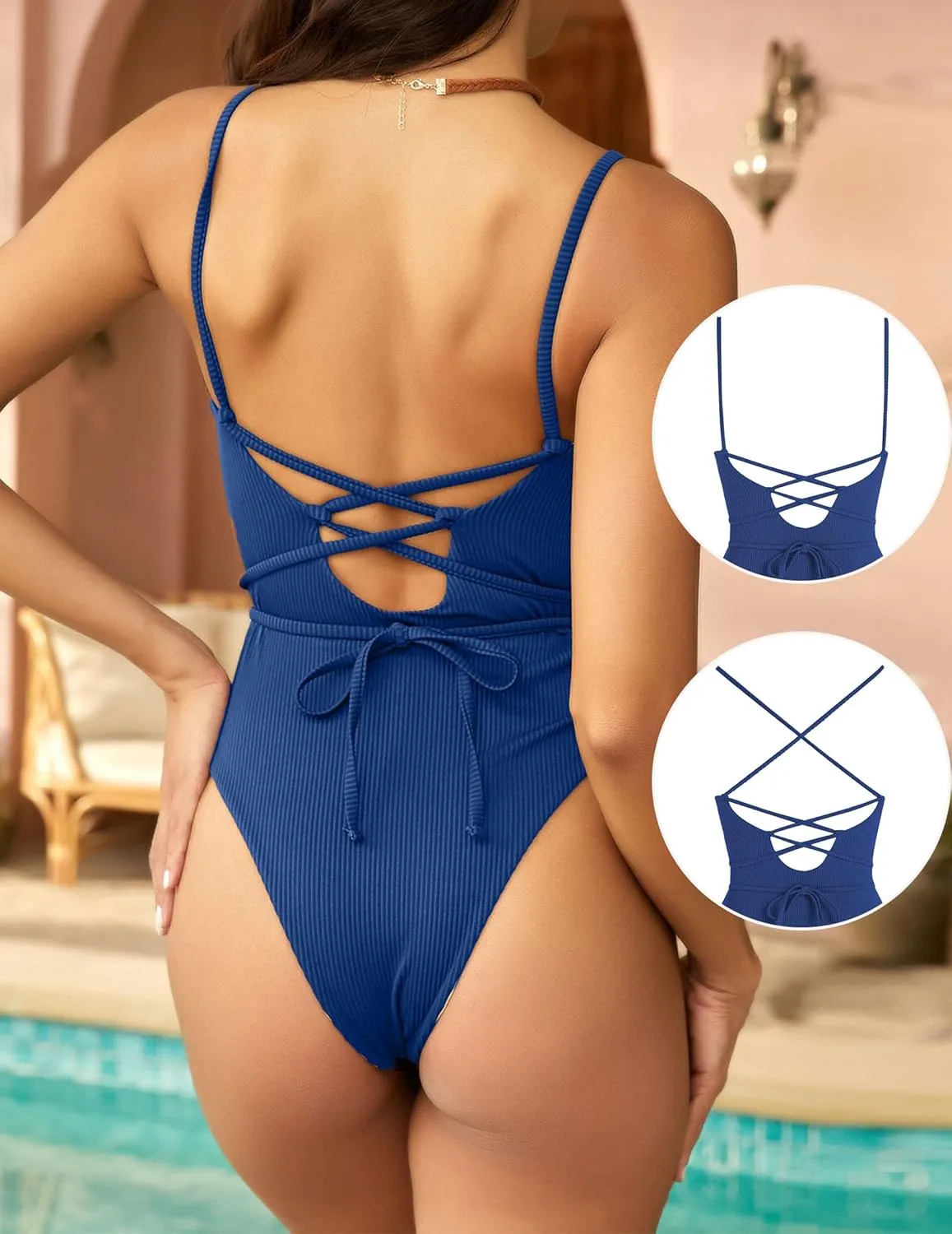 ZAFUL Women's One Piece Swimsuit Lace Up Tie Back Bathing Suits Ribbed Fully Lined Tummy Control Scoop Neck Padded Swimwear