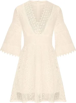 ZAJ Women's V Neck Floral Lace 3/4 Sleeve Short Dress Casual Ruffle High Waist Mini Beach Summer Cocktail Party Dress