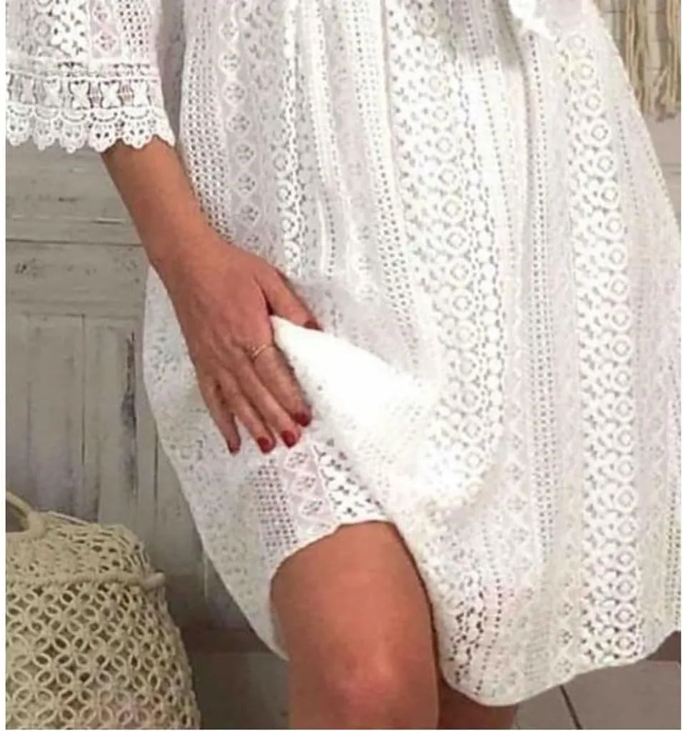 ZAJ Women's V Neck Floral Lace 3/4 Sleeve Short Dress Casual Ruffle High Waist Mini Beach Summer Cocktail Party Dress
