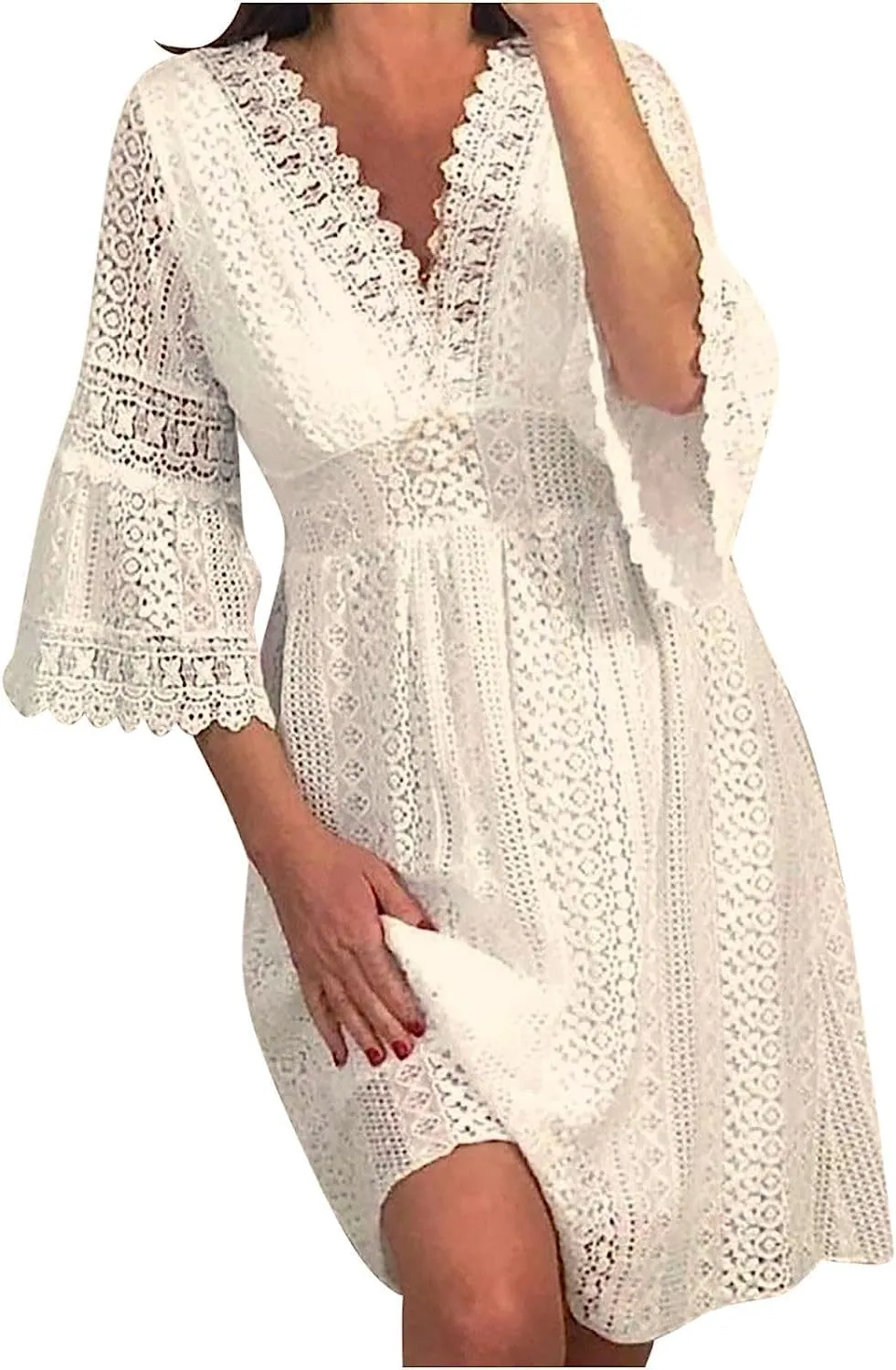 ZAJ Women's V Neck Floral Lace 3/4 Sleeve Short Dress Casual Ruffle High Waist Mini Beach Summer Cocktail Party Dress