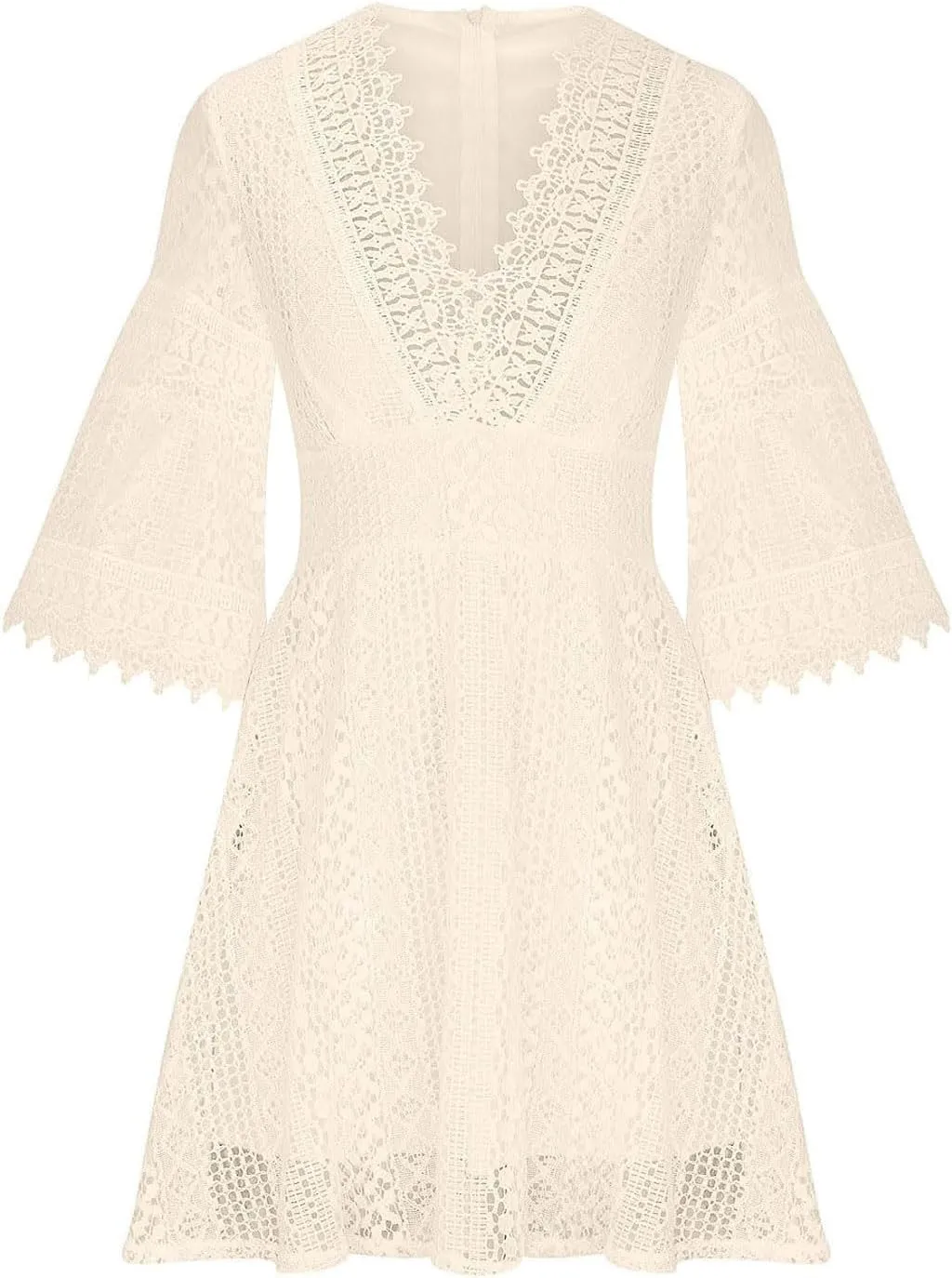 ZAJ Women's V Neck Floral Lace 3/4 Sleeve Short Dress Casual Ruffle High Waist Mini Beach Summer Cocktail Party Dress
