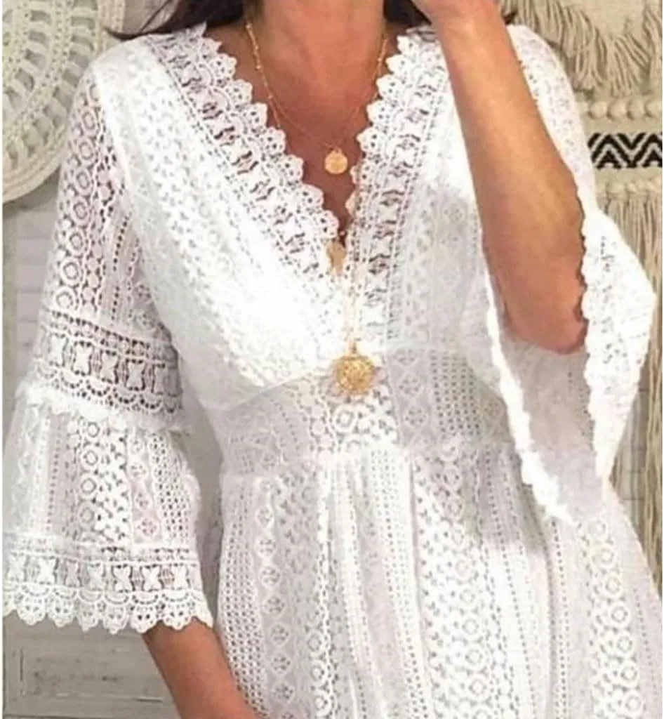 ZAJ Women's V Neck Floral Lace 3/4 Sleeve Short Dress Casual Ruffle High Waist Mini Beach Summer Cocktail Party Dress