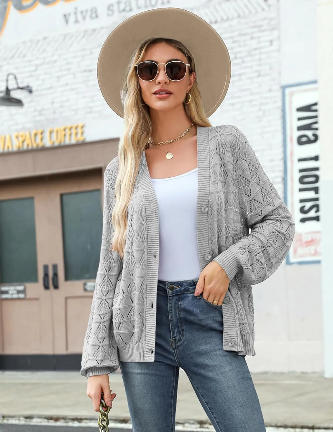 Zeagoo Women's Lightweight Crochet Cropped Cardigan 2024 V Neck Long Sleeve Button up Bolero Shrug Sweater