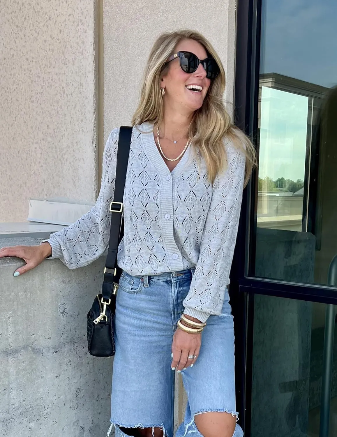 Zeagoo Women's Lightweight Crochet Cropped Cardigan 2024 V Neck Long Sleeve Button up Bolero Shrug Sweater