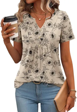 Zeagoo Womens Short Sleeve Tops Summer Henley V-Neck Tshirts Casual Pleated Blouse Dressy Loose Floral Basic Tee