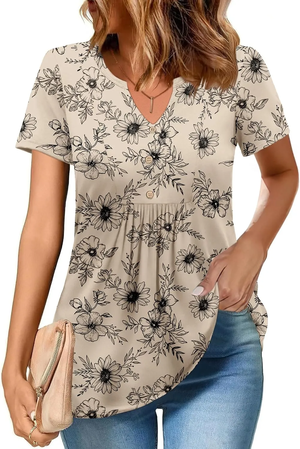 Zeagoo Womens Short Sleeve Tops Summer Henley V-Neck Tshirts Casual Pleated Blouse Dressy Loose Floral Basic Tee