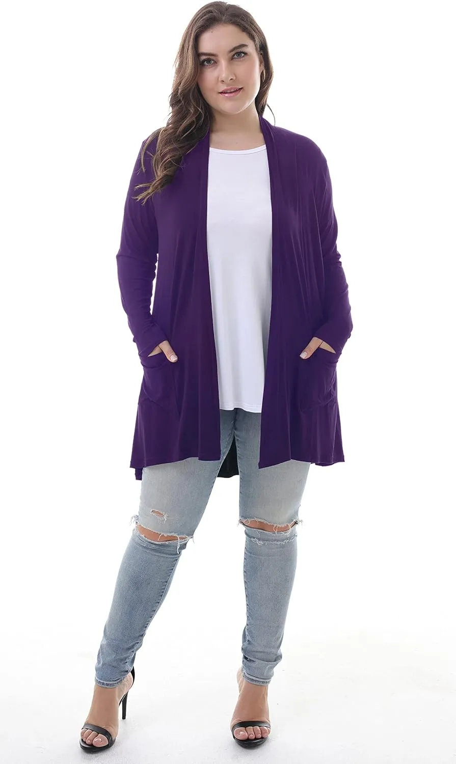 ZERDOCEAN Women's Plus Size Long Sleeve Lightweight Soft Printed Drape Cardigan with Pockets