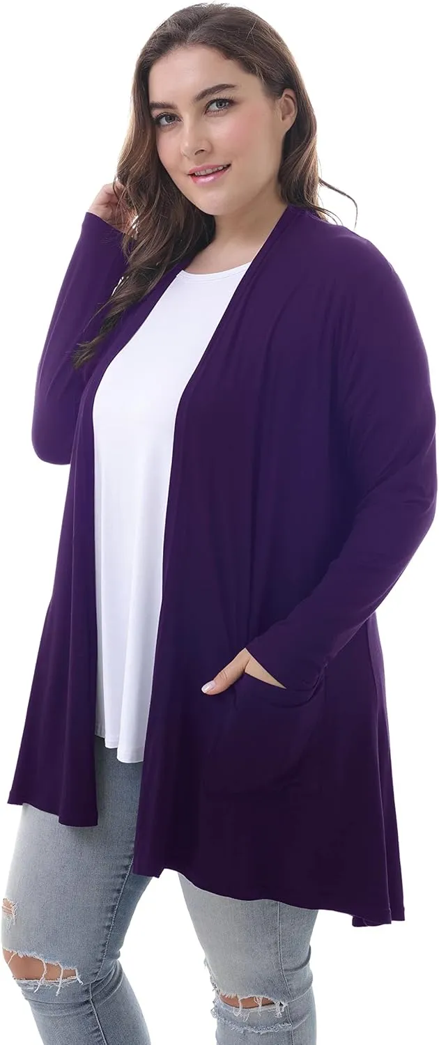 ZERDOCEAN Women's Plus Size Long Sleeve Lightweight Soft Printed Drape Cardigan with Pockets