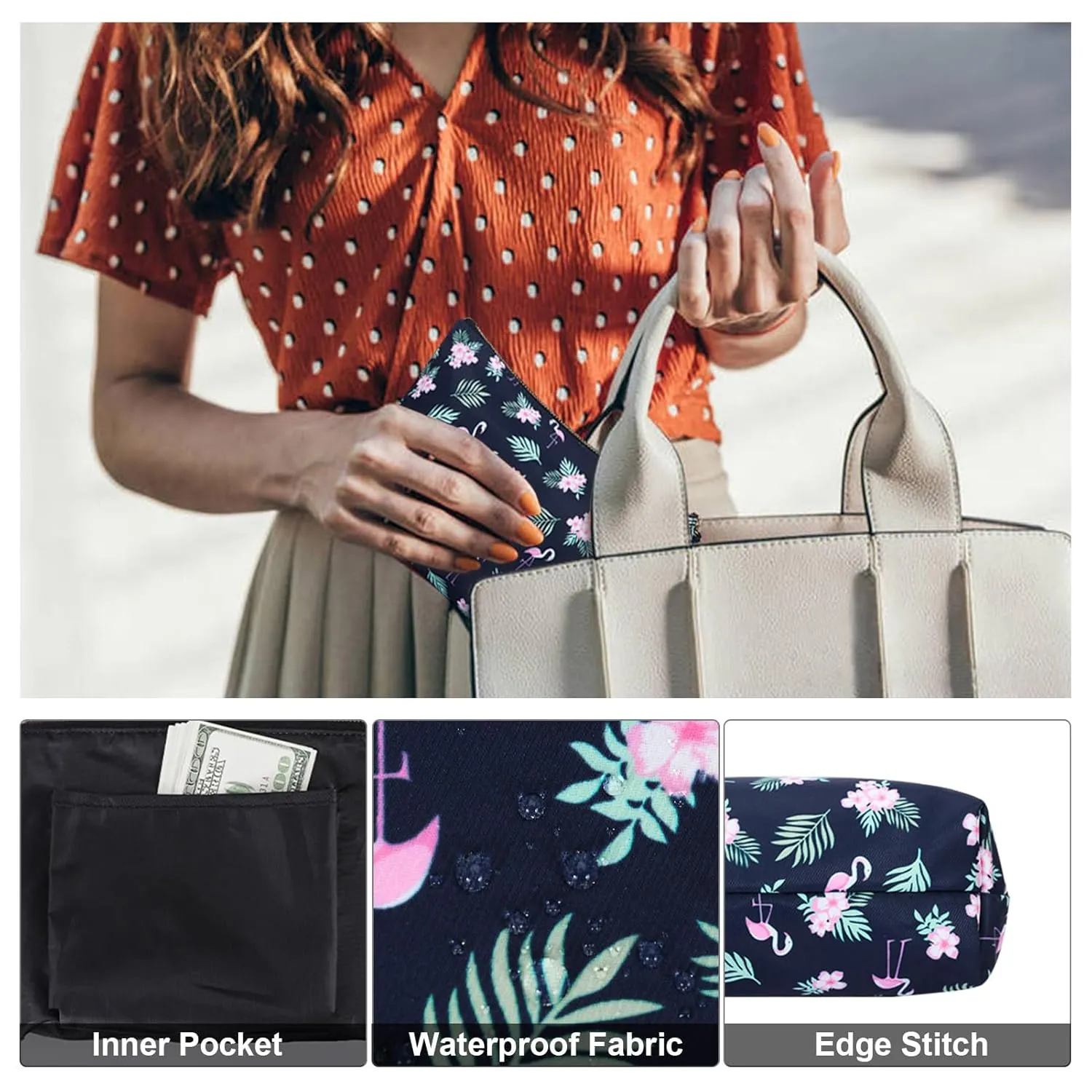 Zippered Simple Makeup Bag for Women Travel Cosmetic Pouch for Accessories & Toiletries, Flamingo