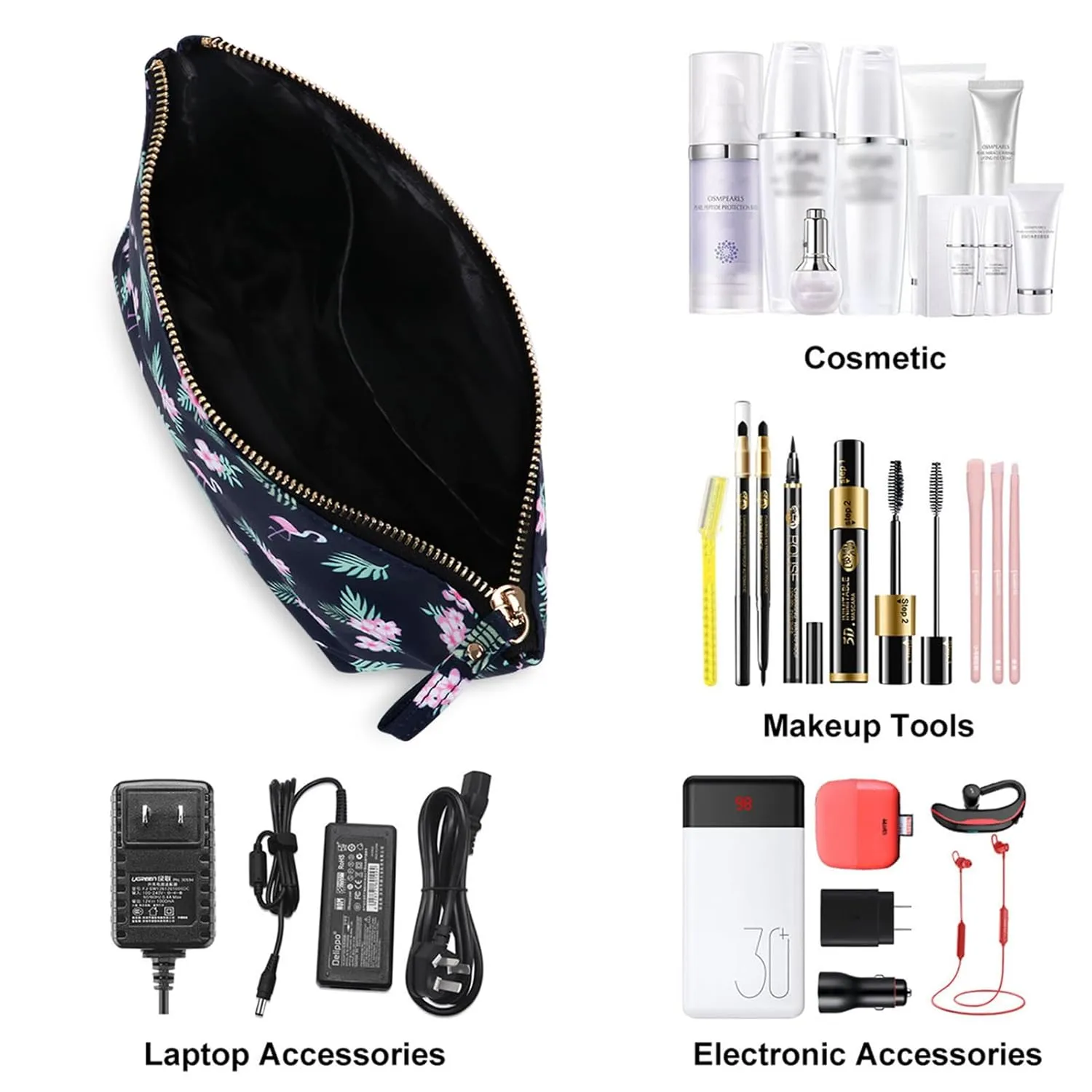 Zippered Simple Makeup Bag for Women Travel Cosmetic Pouch for Accessories & Toiletries, Flamingo