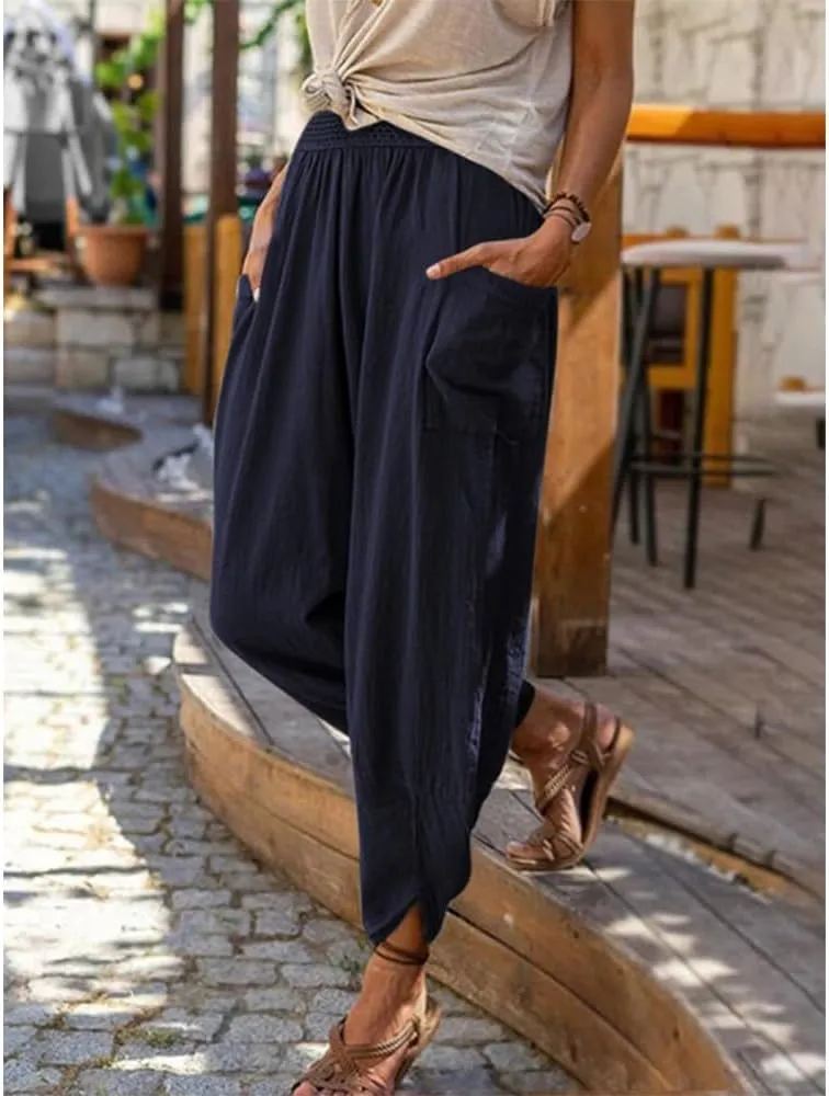 ZOCAVIA Women's Linen Harem Pants Casual Loose High Waisted Pants Smocked Beach Pants Trousers Jogger Yoga Pants with Pockets