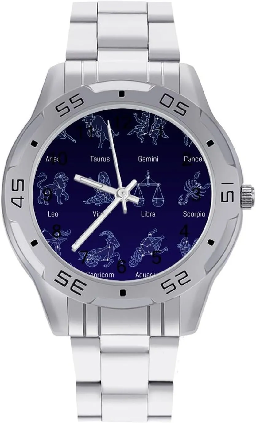 Zodiac Signs in Sky Classic Wrist Watches for Men Casual Business Dress Watch with Stainless Steel Band Work Party