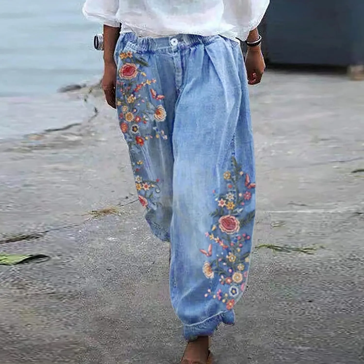 ZYXTIM Boho Pants for Women 2024 Plus Size Summer Trousers Elastic Waist Wide Leg Loose Casual Hawaiian Hippie Beach Pants