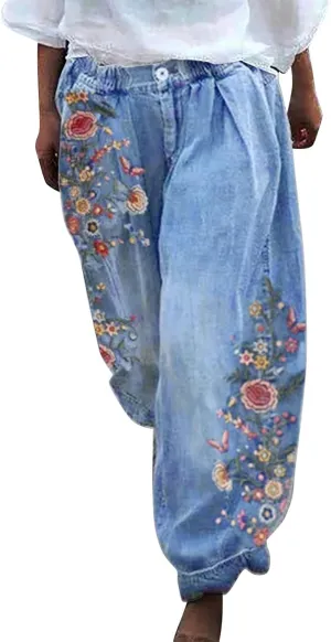 ZYXTIM Boho Pants for Women 2024 Plus Size Summer Trousers Elastic Waist Wide Leg Loose Casual Hawaiian Hippie Beach Pants