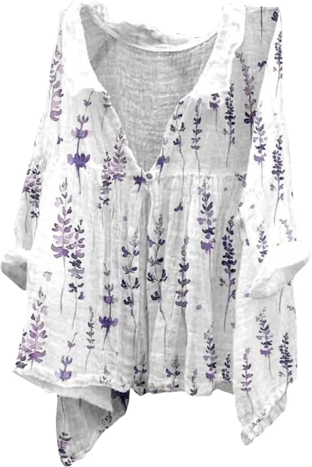 ZYXTIM Women Cotton Linen Floral Print 3/4 Sleeve Tunic Shirt Plus Size Loose Lightweight Casual V Neck Peasant Summer Tops