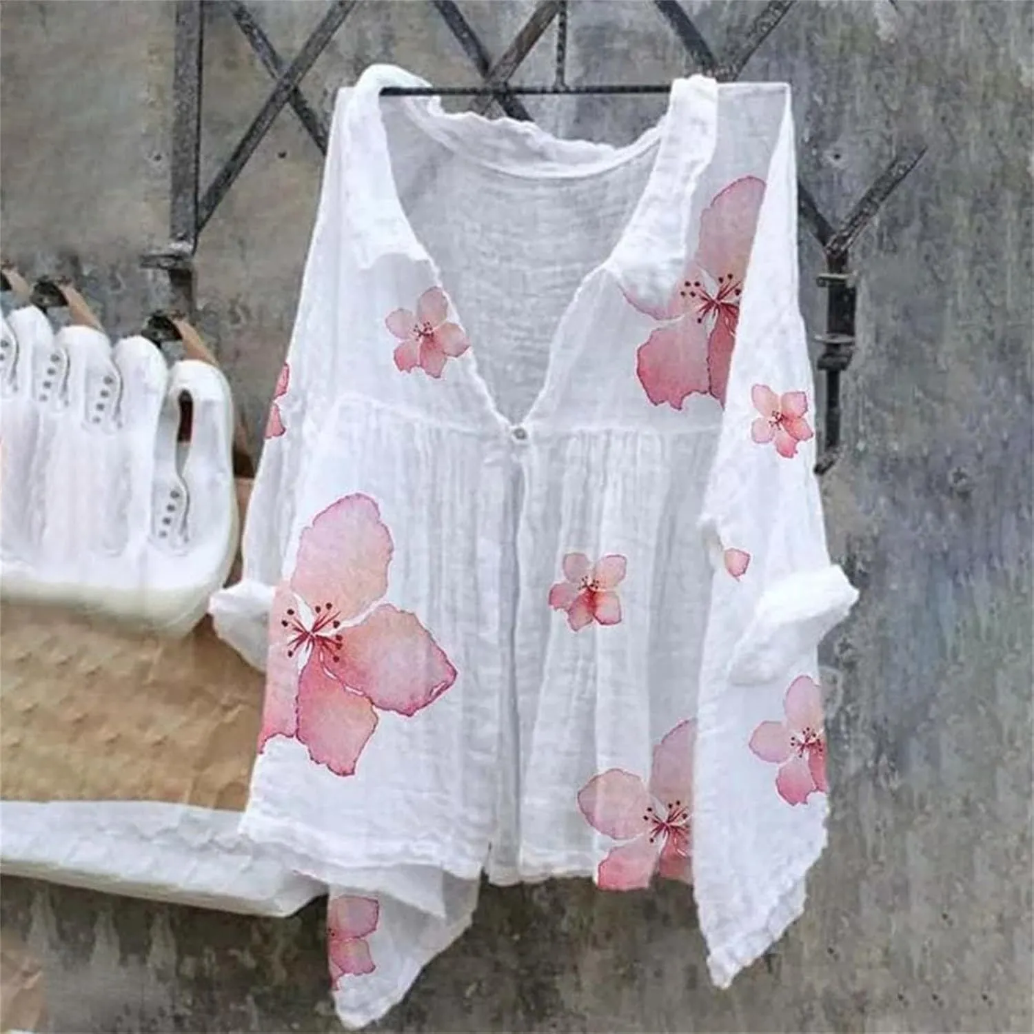 ZYXTIM Women Cotton Linen Floral Print 3/4 Sleeve Tunic Shirt Plus Size Loose Lightweight Casual V Neck Peasant Summer Tops
