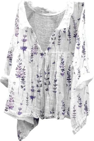 ZYXTIM Women Cotton Linen Floral Print 3/4 Sleeve Tunic Shirt Plus Size Loose Lightweight Casual V Neck Peasant Summer Tops