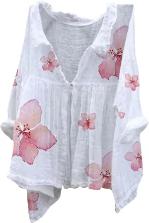 ZYXTIM Women Cotton Linen Floral Print 3/4 Sleeve Tunic Shirt Plus Size Loose Lightweight Casual V Neck Peasant Summer Tops