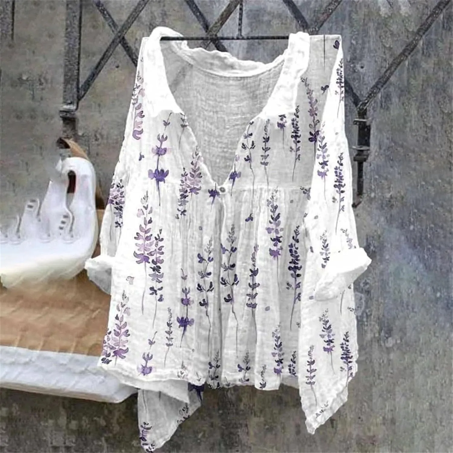 ZYXTIM Women Cotton Linen Floral Print 3/4 Sleeve Tunic Shirt Plus Size Loose Lightweight Casual V Neck Peasant Summer Tops