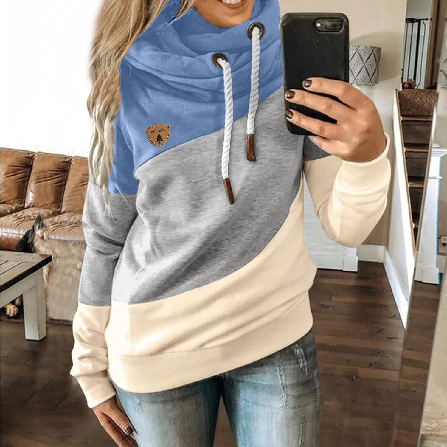 ZYXTIM Womens High Cowl Neck Hoodies, Oversize Long Sleeve Drawstring Pullover Tops Solid Casual Tunic Warm Fall Sweatshirts